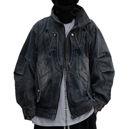 American Retro Niche Stand Collar Ink Splash Zipper Jacket Men High Street Deconstructed Design Loose Cool Denim Jacket