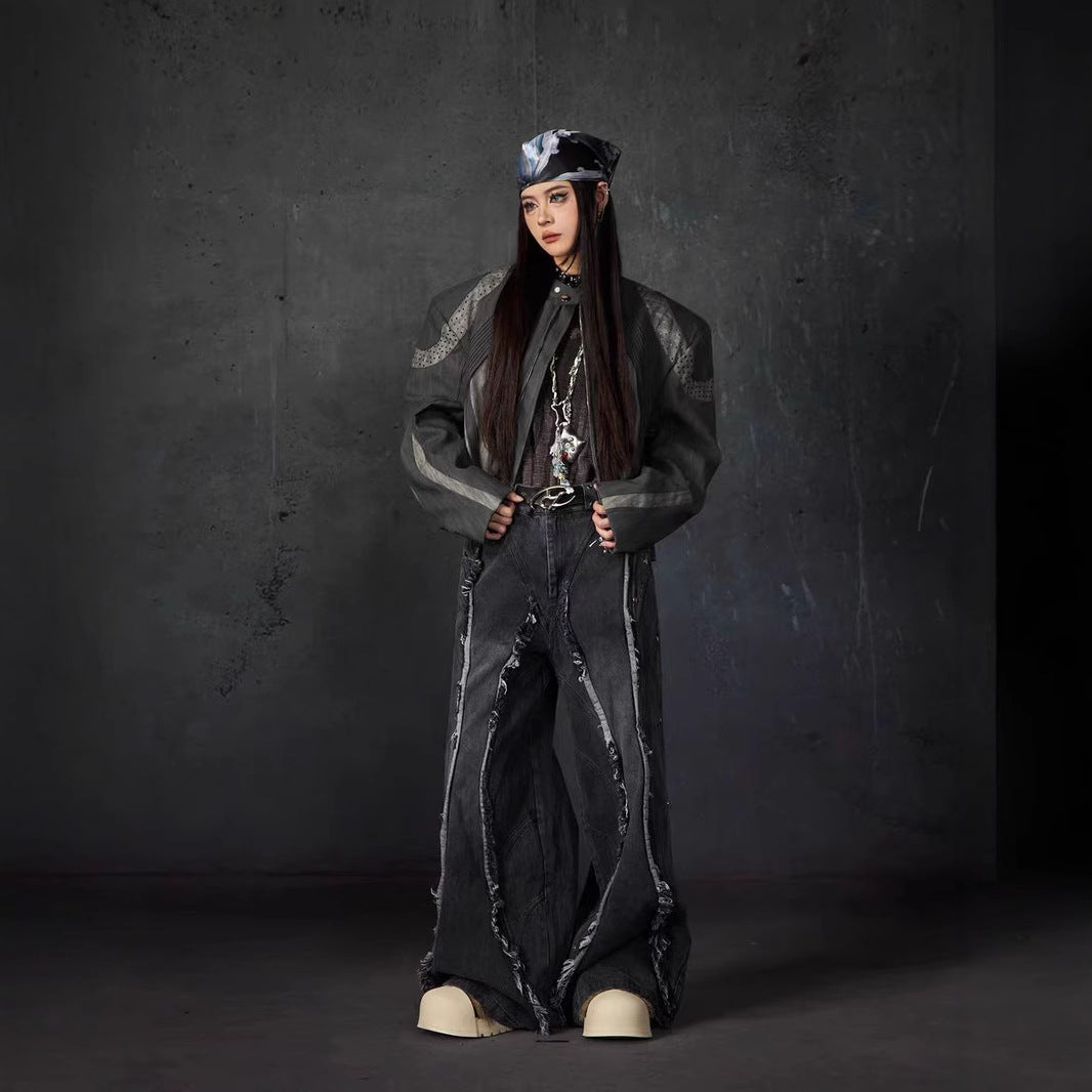 European and American High Street Heavy Craft Personality Deconstructed Split Spliced Design Motorcycle Leather Jacket Stand Collar Windproof Coat