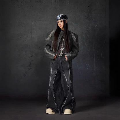 European and American High Street Heavy Craft Personality Deconstructed Split Spliced Design Motorcycle Leather Jacket Stand Collar Windproof Coat