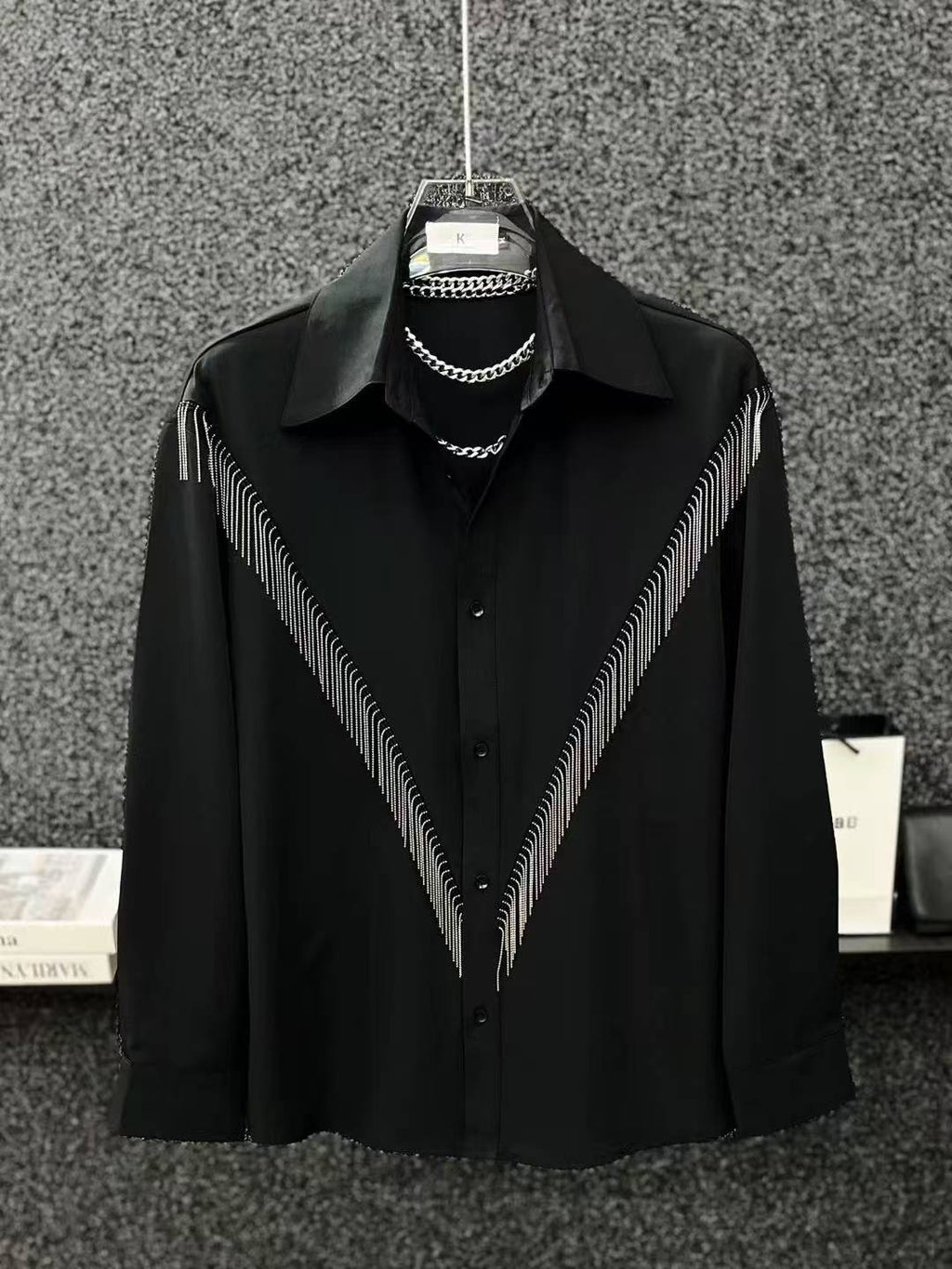 High-end Stylish Design Black Long Sleeve Shirt for Men Spring Summer New Korean Version Casual Patchwork Tassel Shirt