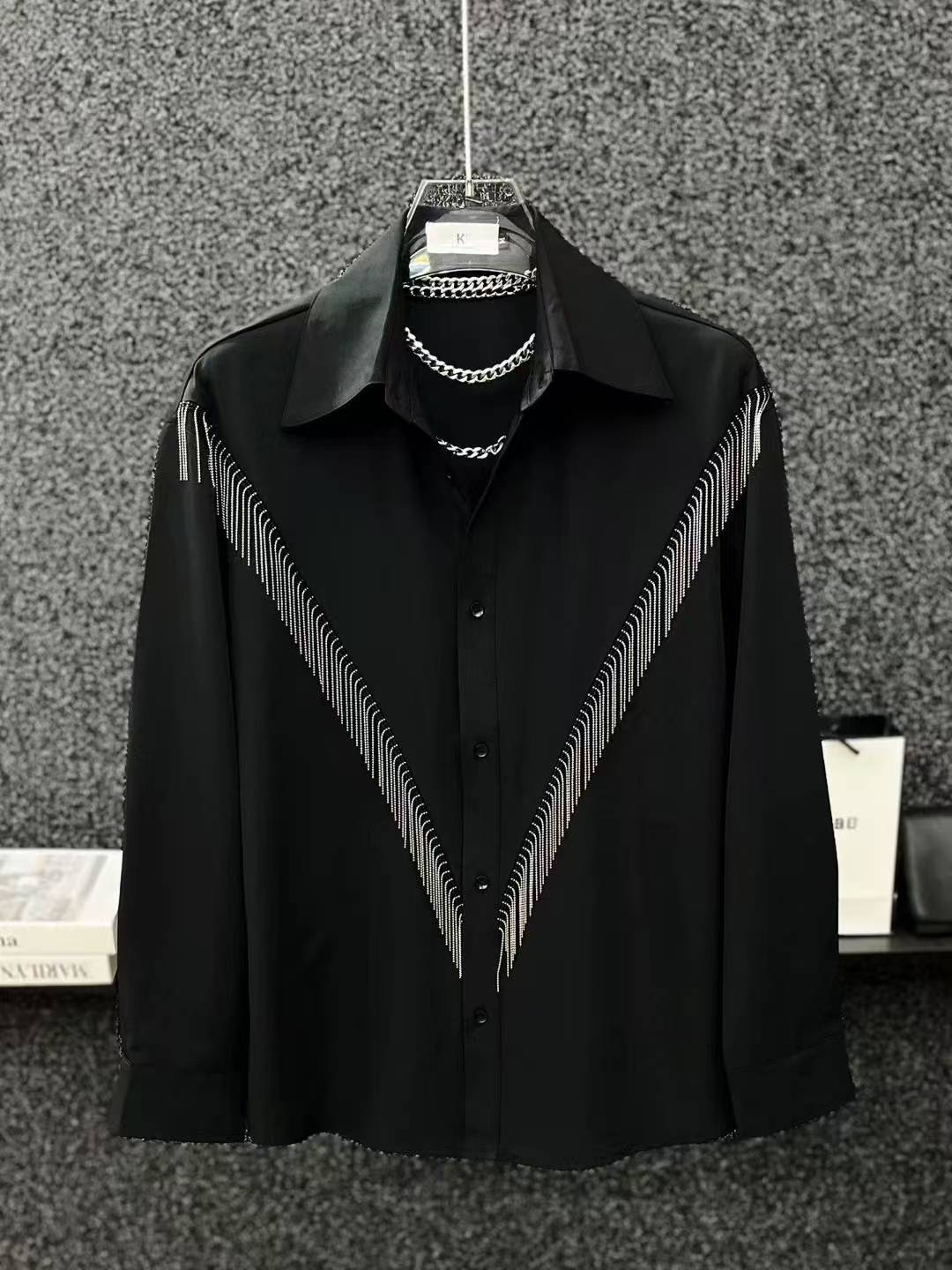 High-end Stylish Design Black Long Sleeve Shirt for Men Spring Summer New Korean Version Casual Patchwork Tassel Shirt