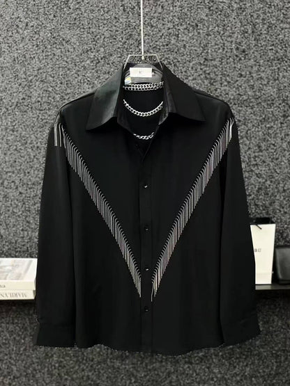 High-end Stylish Design Black Long Sleeve Shirt for Men Spring Summer New Korean Version Casual Patchwork Tassel Shirt