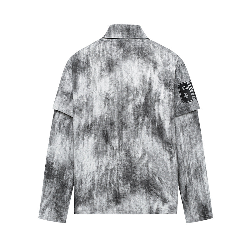 Distressed Dirty Color Long Sleeve POLO Men's Trendy Brand Design Patchwork Fake Two-Piece Loose Hip-Hop Top Patchwork Design