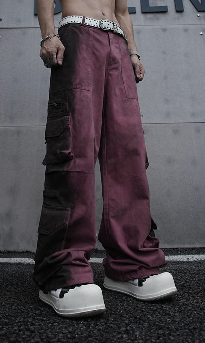 American Retro Wasteland Washed Vintage Multi-Pocket Cargo Pants Unisex Trendy Loose Straight Wide-Leg Casual Long Pants
