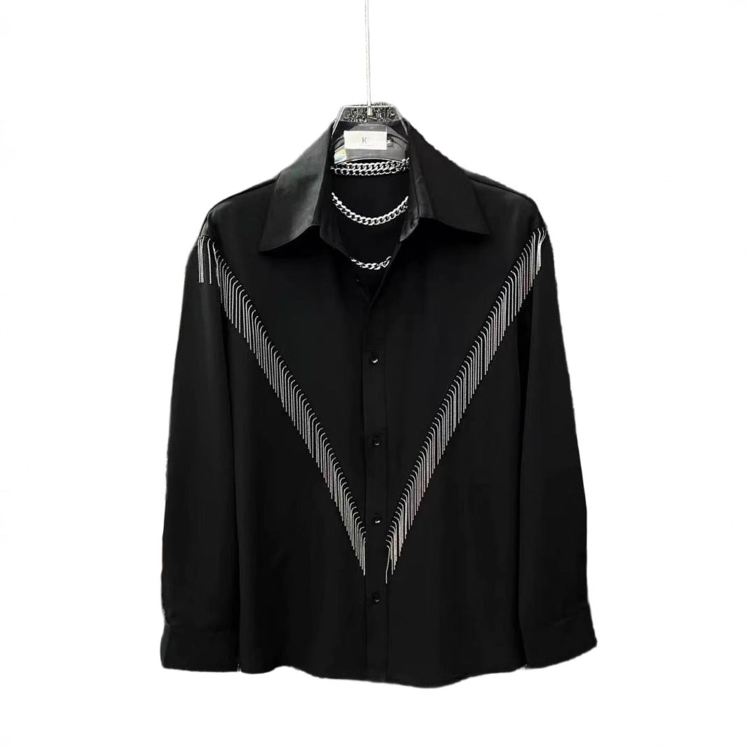 High-end Stylish Design Black Long Sleeve Shirt for Men Spring Summer New Korean Version Casual Patchwork Tassel Shirt