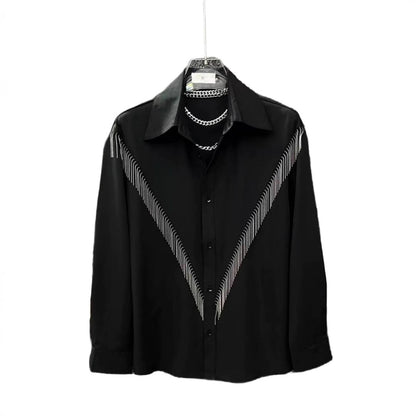 High-end Stylish Design Black Long Sleeve Shirt for Men Spring Summer New Korean Version Casual Patchwork Tassel Shirt