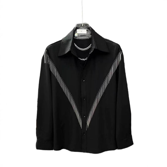 High-end Stylish Design Black Long Sleeve Shirt for Men Spring Summer New Korean Version Casual Patchwork Tassel Shirt