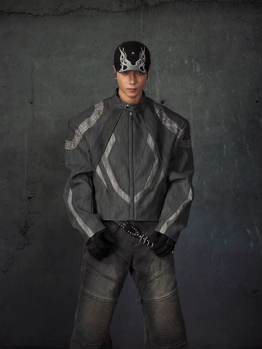 European and American High Street Heavy Craft Personality Deconstructed Split Spliced Design Motorcycle Leather Jacket Stand Collar Windproof Coat