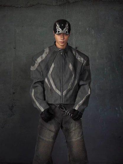 European and American High Street Heavy Craft Personality Deconstructed Split Spliced Design Motorcycle Leather Jacket Stand Collar Windproof Coat