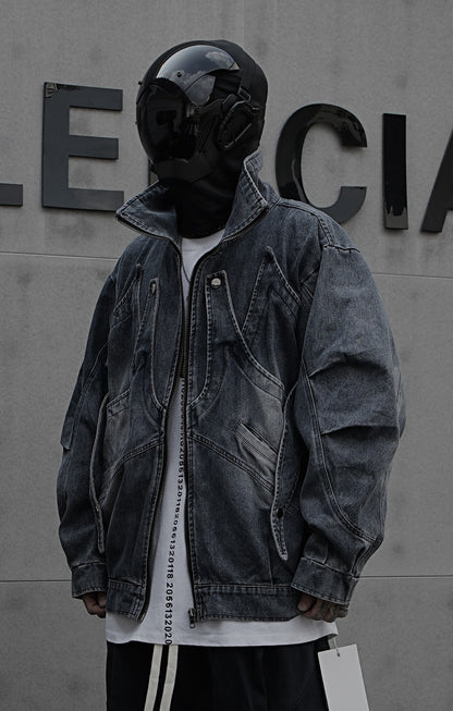 American Retro Niche Stand Collar Ink Splash Zipper Jacket Men High Street Deconstructed Design Loose Cool Denim Jacket