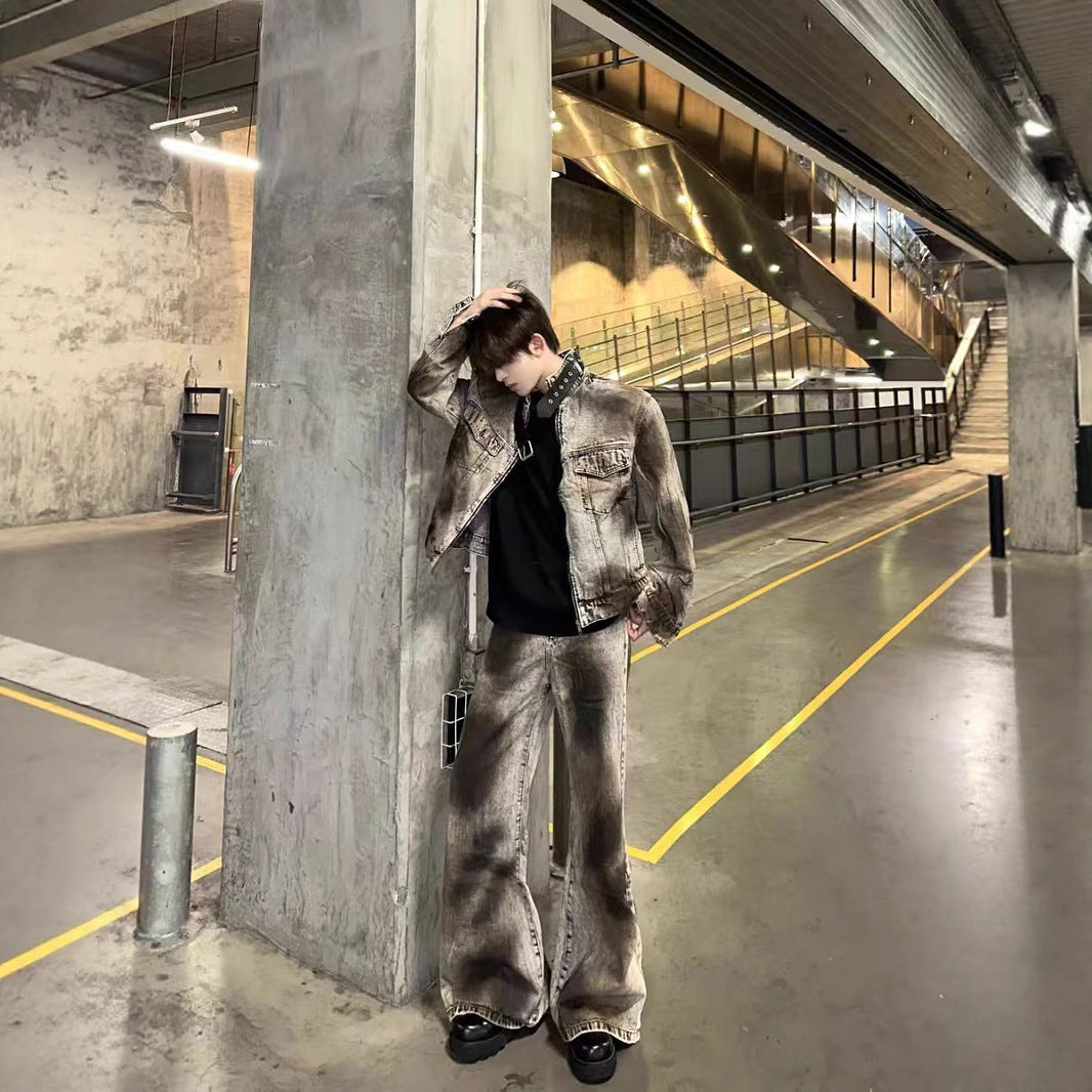 American High Street Retro Distressed Wasteland Style Washed Wrinkled Flared Jeans for Men European and American Wide-Leg Pants Trendy Long Pants