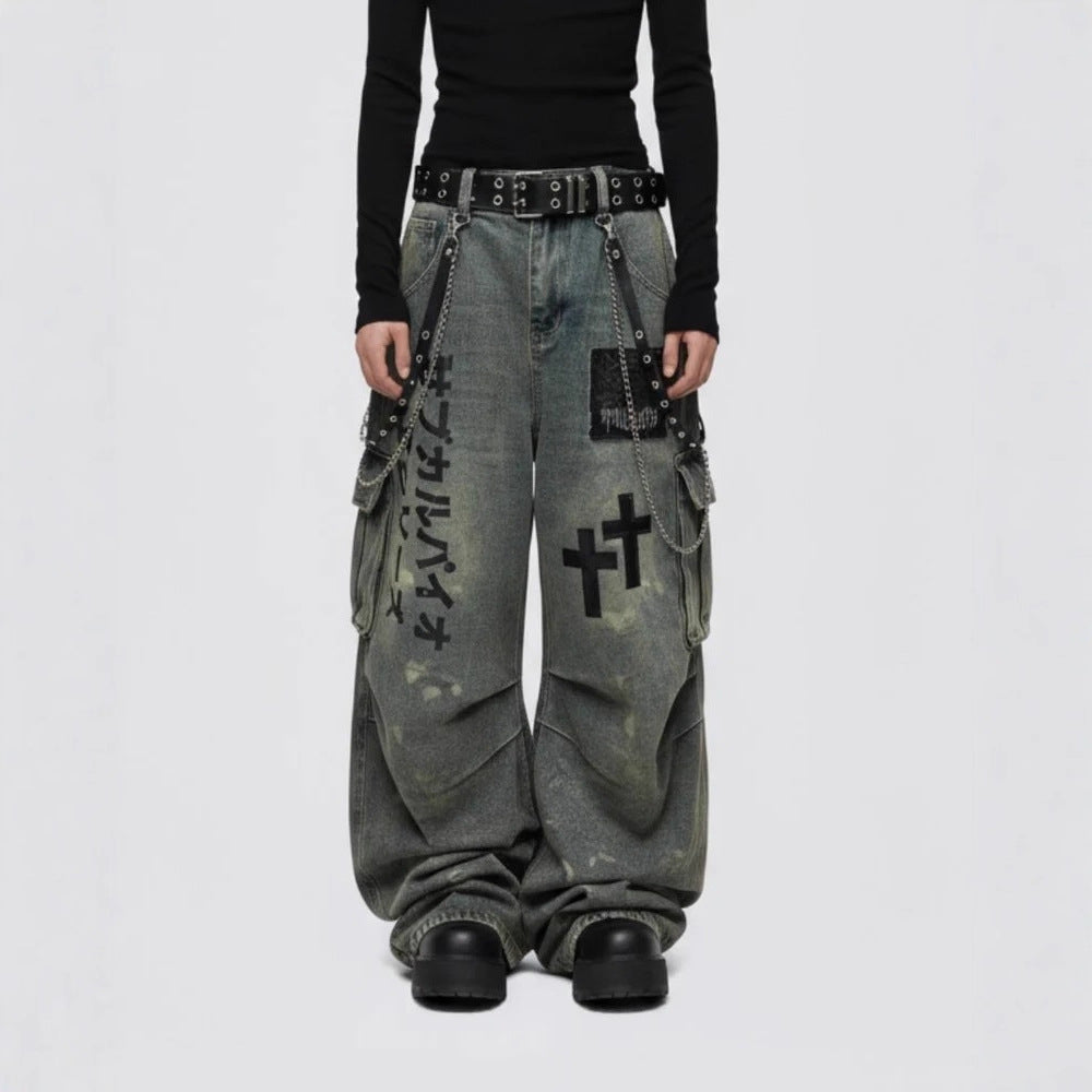 American Retro Workwear Wide-Leg Jeans for Men, Autumn and Winter High Street Design, Loose Slimming High-Waist Straight Pants