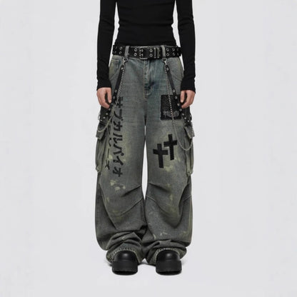 American Retro Workwear Wide-Leg Jeans for Men, Autumn and Winter High Street Design, Loose Slimming High-Waist Straight Pants