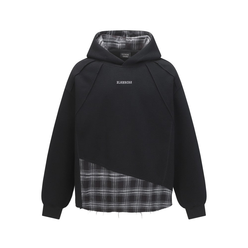 2025New Fake Two-Piece Distressed Plaid Patchwork Hooded Sweatshirt Unisex American Style Niche Loose Hoodie Trendy