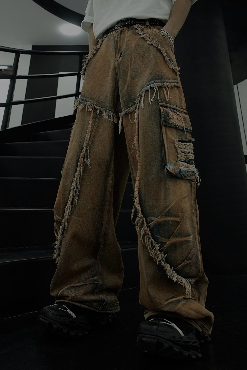 American Retro Original Patchwork Niche Design Jeans Distressed Frayed Edge Star Loose Straight Jeans