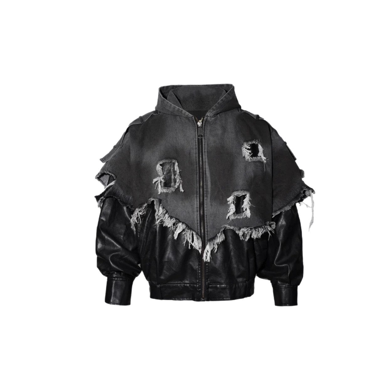 American High Street Vibe Washed Vintage Distressed Frayed Edge Patchwork Color Block Denim Retro Street Punk Hooded Jacket