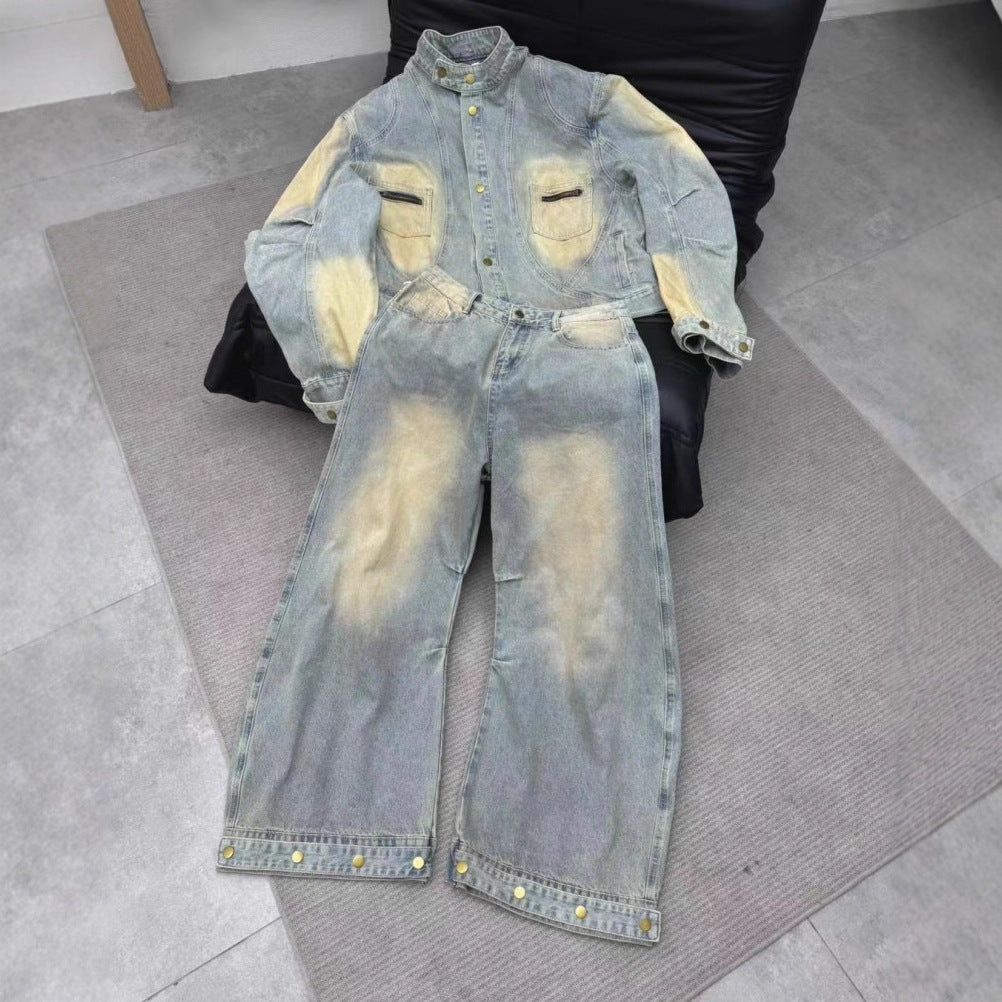 European and American High Street Retro Streetwear vintage Yellow Mud Dyed Denim Jacket for Men ins Fashion Brand American Style Loose Straight Wide