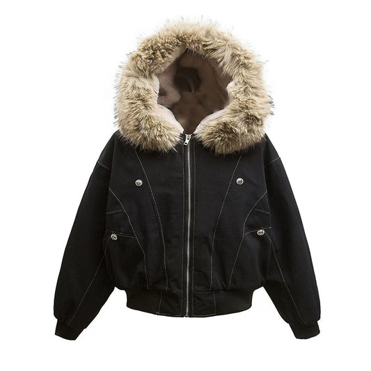 American Retro Autumn Winter Trendy Metal Buckle Design Men's Thickened Warm Hooded Cotton Jacket Long Sleeve