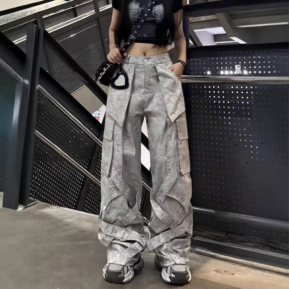 Cross-Border American Style Dirty Gray Street Dance Wide-Leg Cargo Pants Unisex Straight-Leg Casual Pants Ribbon Hip-Hop High Street Floor-Length Pants