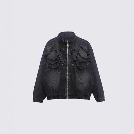 American Original Dark Style Retro Washed Padded Shoulder Distressed Denim Jacket for Men Spring and Autumn Workwear Stand Collar Jacket