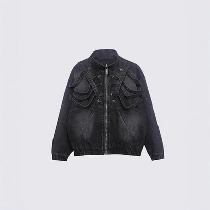 American Original Dark Style Retro Washed Padded Shoulder Distressed Denim Jacket for Men Spring and Autumn Workwear Stand Collar Jacket