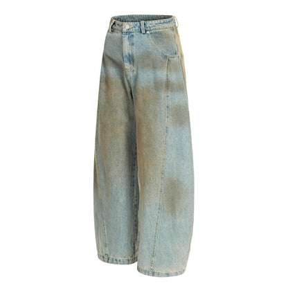 American Retro Dirty Dye Distressed Scimitar Jeans for Men, Mid-Waist Loose Fit Straight-Leg Floor-Length Wide-Leg Pants with Design Sense