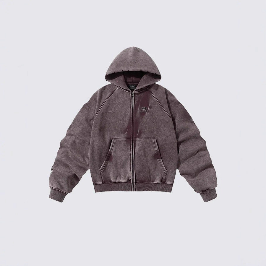 American High Street Vintage Washed Wrinkled Sleeve Hooded Fleece Men's Niche Embroidered Jacket Trendy