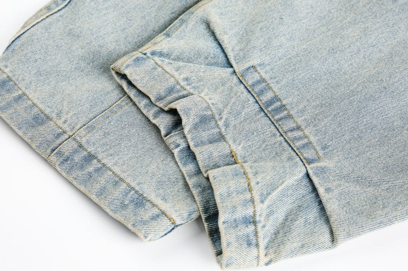 American Retro Dirty Dye Distressed Scimitar Jeans for Men, Mid-Waist Loose Fit Straight-Leg Floor-Length Wide-Leg Pants with Design Sense