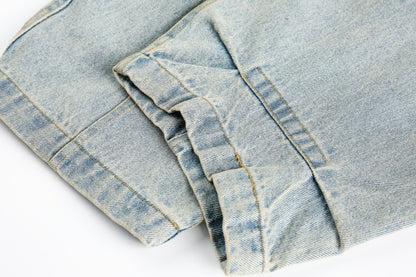 American Retro Dirty Dye Distressed Scimitar Jeans for Men, Mid-Waist Loose Fit Straight-Leg Floor-Length Wide-Leg Pants with Design Sense