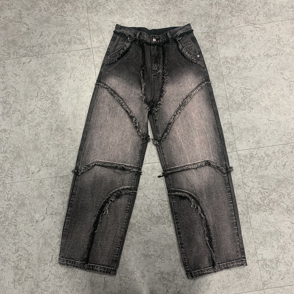 Street Fashion Retro Jeans with Distressed Edges, Straight-Leg Unisex Jeans, Stylish and Slimming