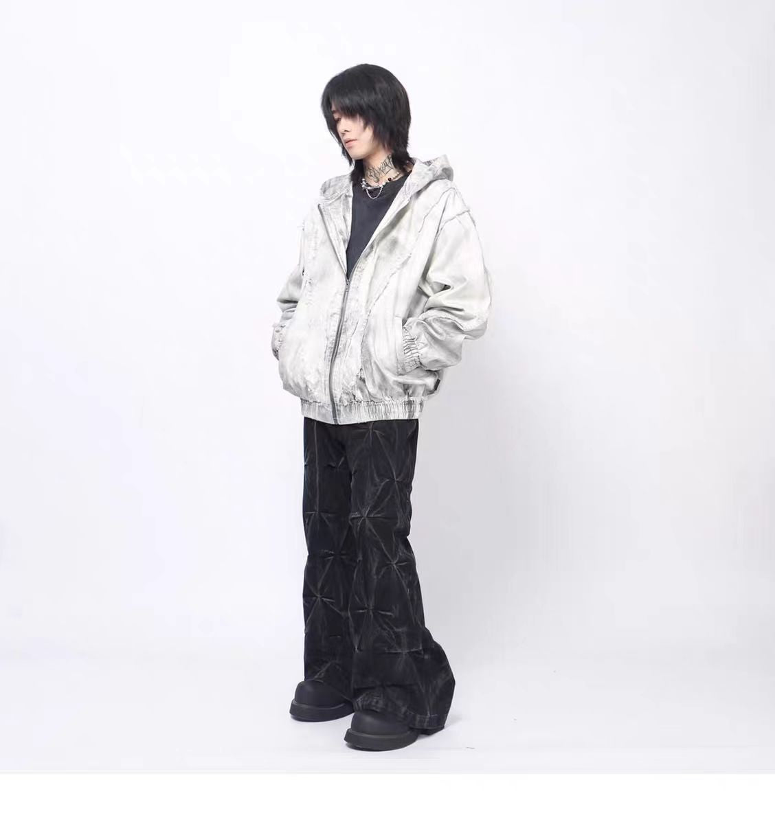 European and American High Street Wasteland Style Spray Paint Dirty Patchwork Hooded Jacket for Men Spring Frayed Edge Design Coat