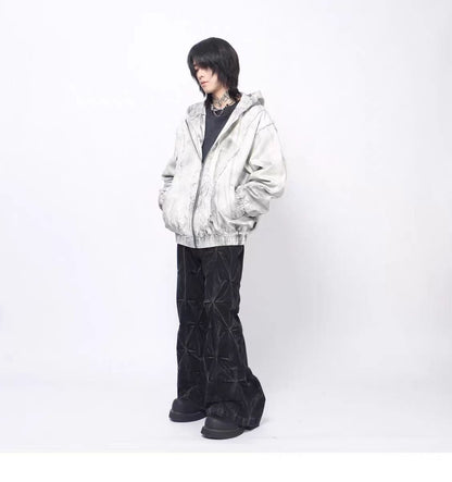 European and American High Street Wasteland Style Spray Paint Dirty Patchwork Hooded Jacket for Men Spring Frayed Edge Design Coat