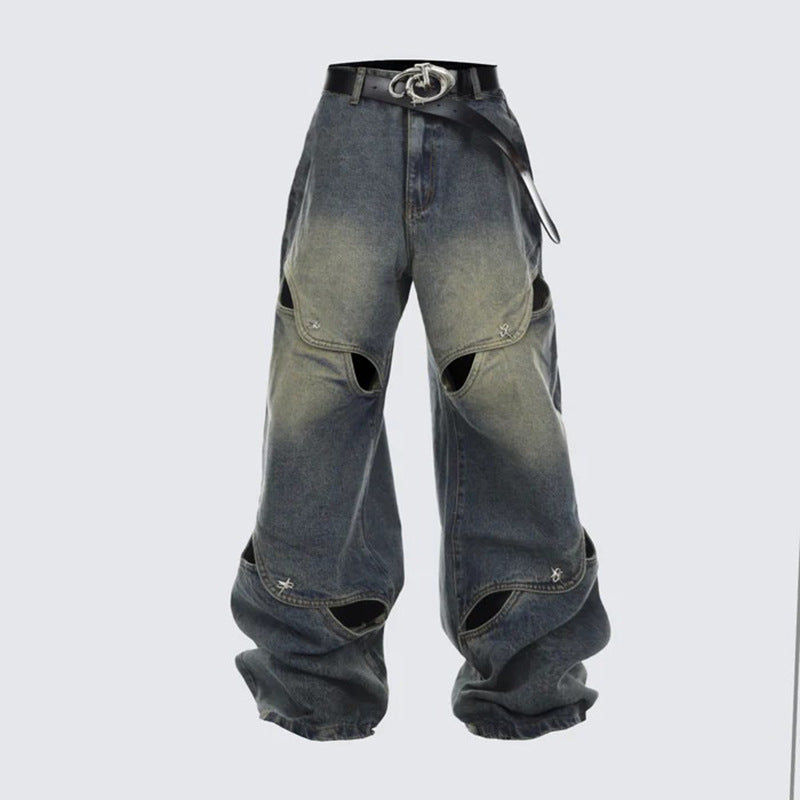 Spring Summer Casual Niche Deconstructed Metal Button Design Wide-Leg Jeans Hollow Loose Pants High Waist Wide-Leg