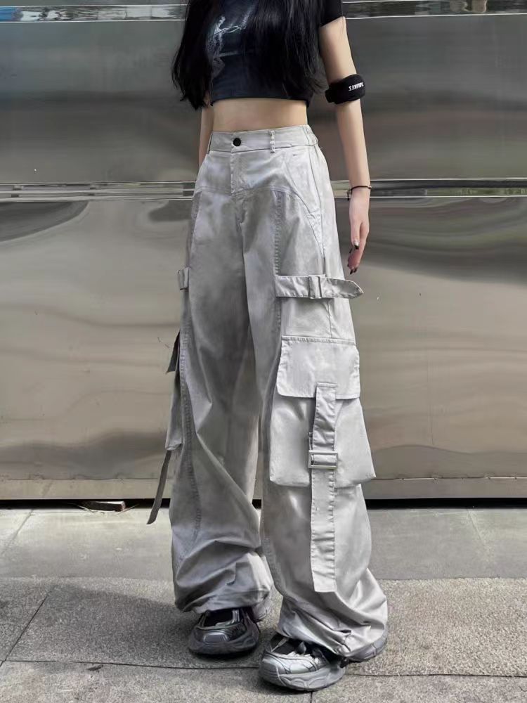 American Style Dirty Gray Wide-Leg Cargo Pants for Men and Women with Ribbon Jazz Hip-Hop High Street hiphop Straight-leg pants