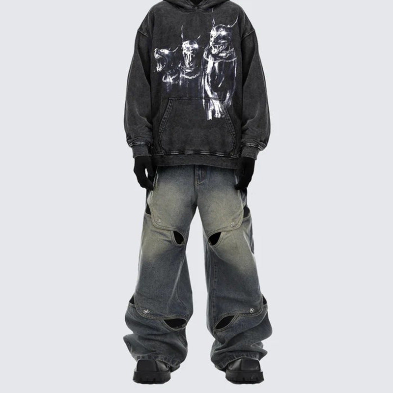 Spring Summer Casual Niche Deconstructed Metal Button Design Wide-Leg Jeans Hollow Loose Pants High Waist Wide-Leg