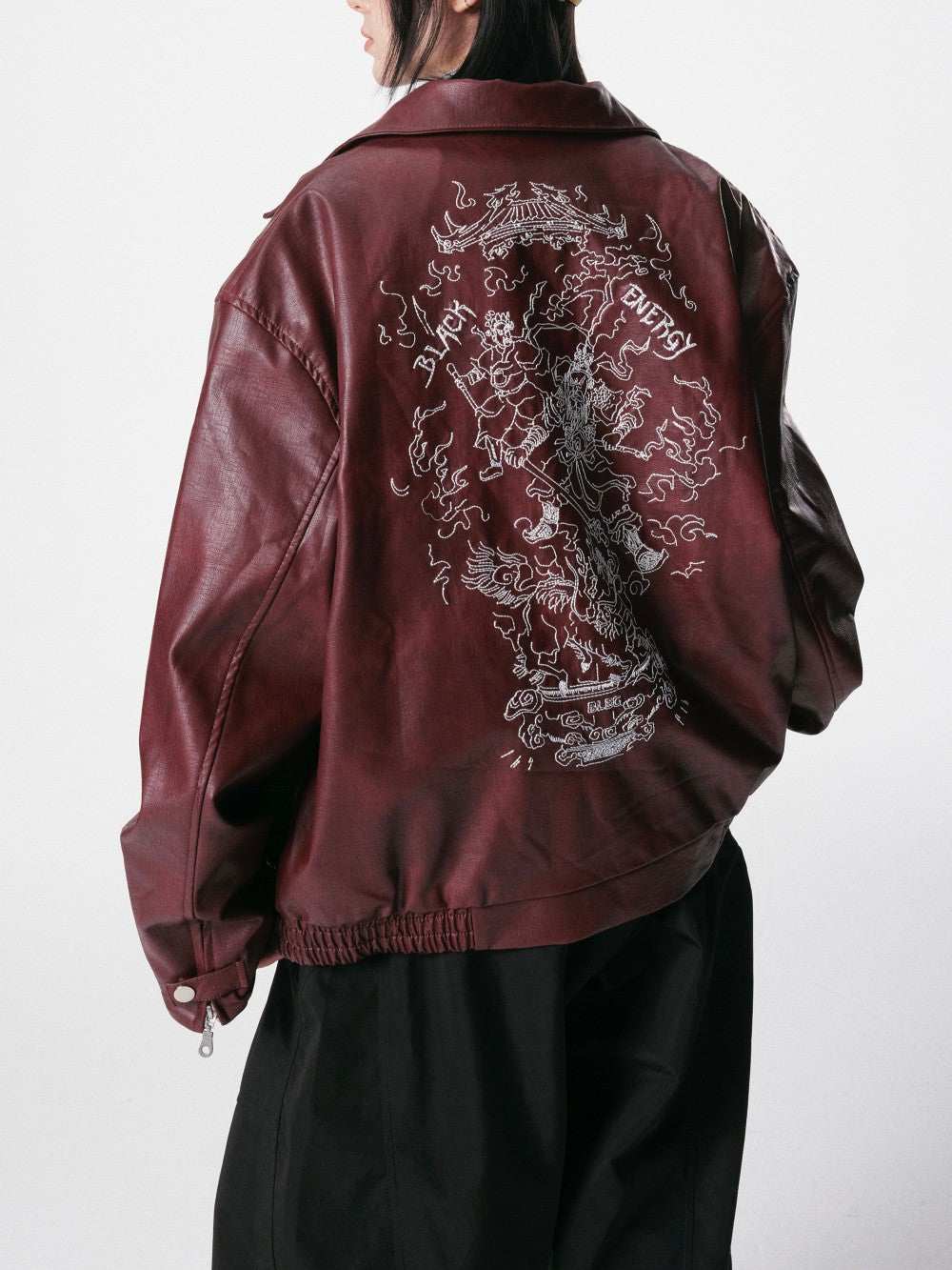 European and American Heavy Embroidery Lapel Loose Short Zipper Leather Jacket Coat