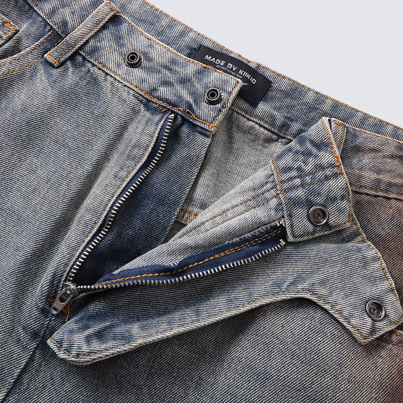 Fashionable retro jeans with multi-functional detachable pocket design, straight-leg pants suitable for both men and women, for relaxed and casual wear.