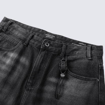 Hip-hop trend high-waisted loose straight jeans for ladies, featuring retro water-washed design, suitable for autumn and winter, new style casual pants with distressed effect and slight stretchiness.