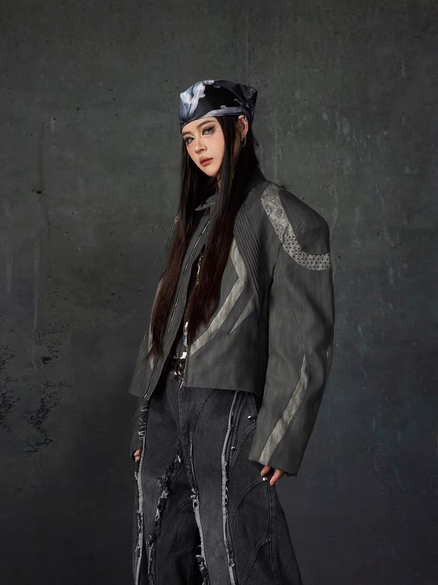 European and American High Street Heavy Craft Personality Deconstructed Split Spliced Design Motorcycle Leather Jacket Stand Collar Windproof Coat