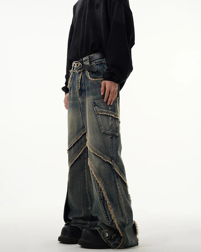 GUOWEAR Niche Retro Distressed Jeans for Men, Washed and Frayed, Loose Fit, Wide Leg, Korean Style Trend