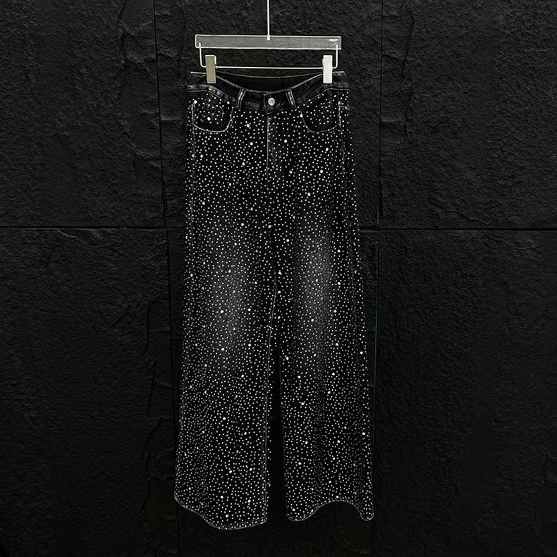 European and American Heavy Industry Starry Sky Rhinestone Vintage Washed Ribbon Jeans for Men, Niche Loose Wide-Leg Trendy Men's Pants