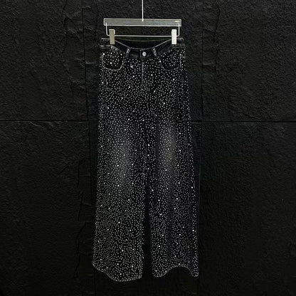 European and American Heavy Industry Starry Sky Rhinestone Vintage Washed Ribbon Jeans for Men, Niche Loose Wide-Leg Trendy Men's Pants