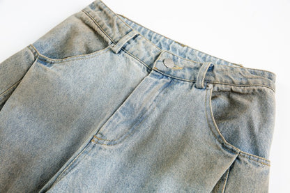 American Retro Dirty Dye Distressed Scimitar Jeans for Men, Mid-Waist Loose Fit Straight-Leg Floor-Length Wide-Leg Pants with Design Sense