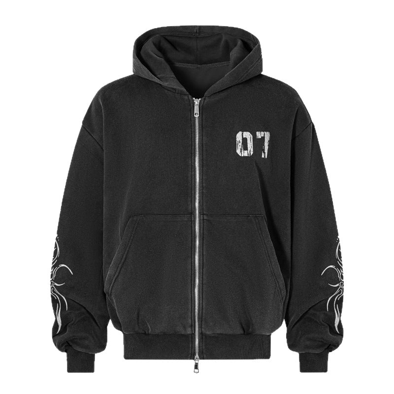 European and American High Street Dark Style Embroidered Hooded Zipper Sweatshirt for Men Spring and Autumn Trendy Brand Street Retro Loose Jacket ins