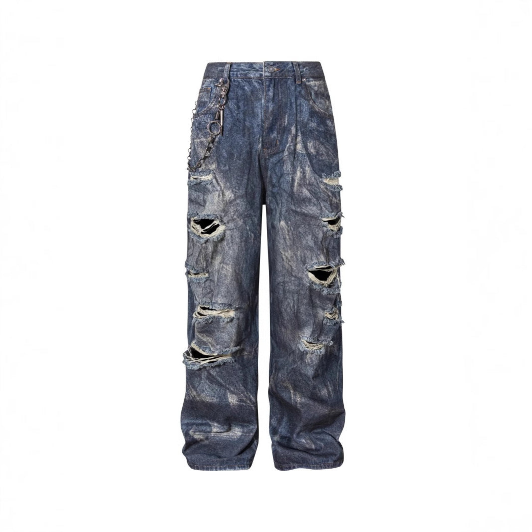 High-End European Version Spring Summer Men's Jeans Slim Straight Stretch Washed Ripped Wide-Leg Men's Pants