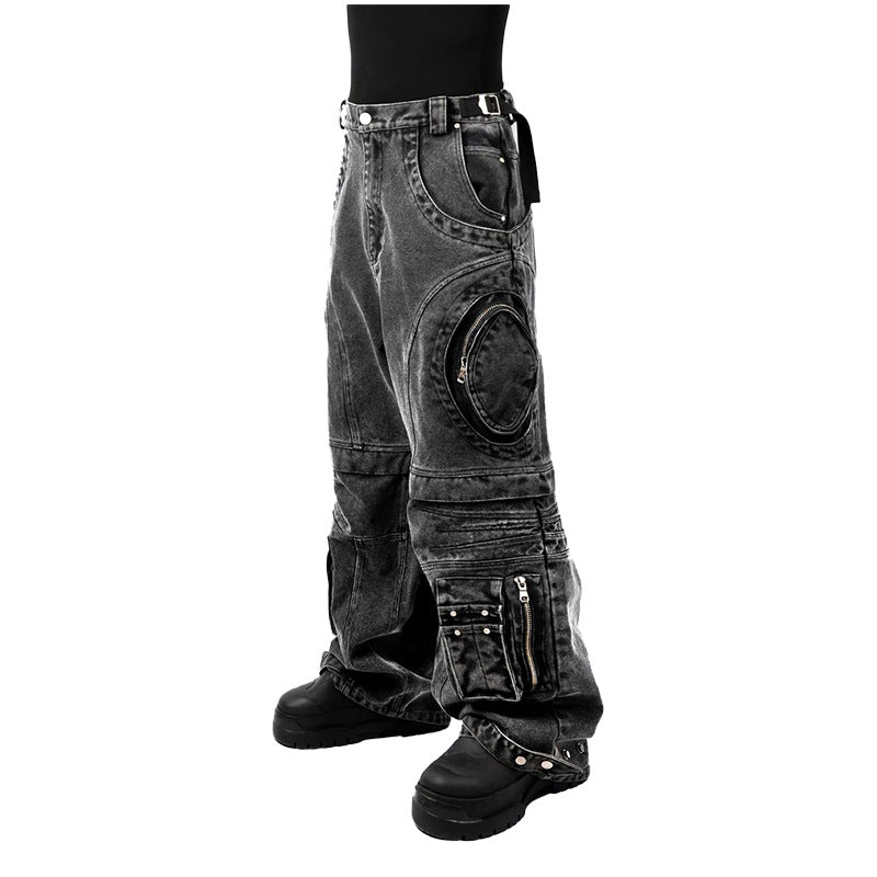 American High Street Jeans for Men and Women Retro Street Style Distressed Washed Zipper Large Pocket Loose Straight Workwear Pants