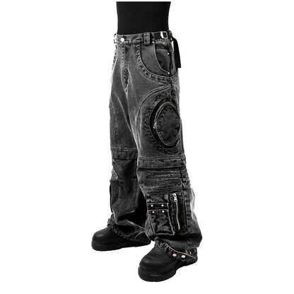 American High Street Jeans for Men and Women Retro Street Style Distressed Washed Zipper Large Pocket Loose Straight Workwear Pants