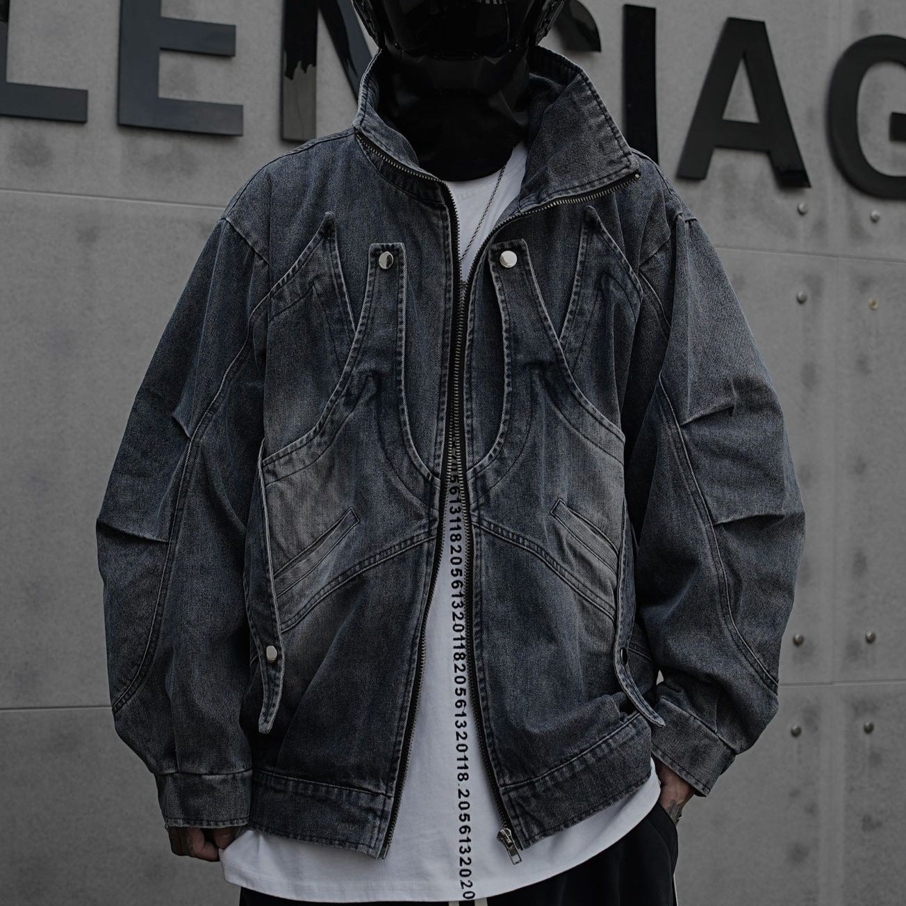 American Retro Niche Stand Collar Ink Splash Zipper Jacket Men High Street Deconstructed Design Loose Cool Denim Jacket