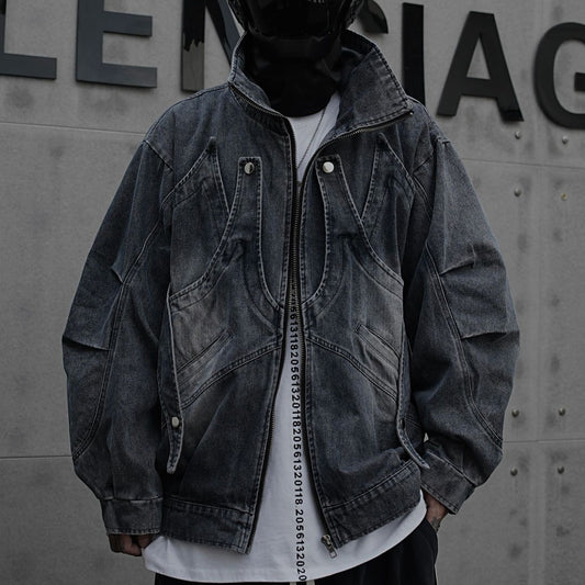 American Retro Niche Stand Collar Ink Splash Zipper Jacket Men High Street Deconstructed Design Loose Cool Denim Jacket
