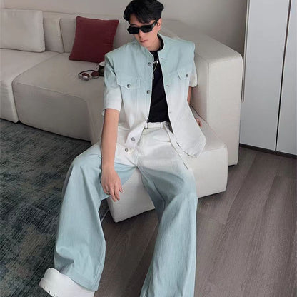 Gradient Short Sleeve Denim Suit for Men2025Summer Loose Casual Scimitar Wide-Leg Pants Jacket Set
